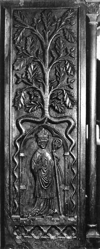 Bild vergrößern: Eine mögliche Darstellung Bischofs Evermods im gotischen Chorgestühl des Ratzeburger Doms