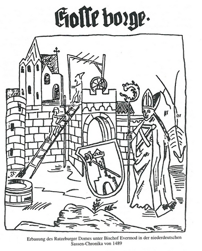 Bild vergrößern: Erbauung des Ratzeburger Doms unter Bischof Evermod in der niederdeutschen Sassen-Chronika von 1489