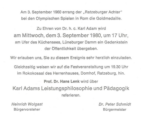 Bild vergr&ouml;&szlig;ern: Einladungskarte zur Einweihung des Karl-Adam-Steins von B&uuml;rgervorsteher Wolgast und B&uuml;rgermeister Dr. Peter Schmidt.